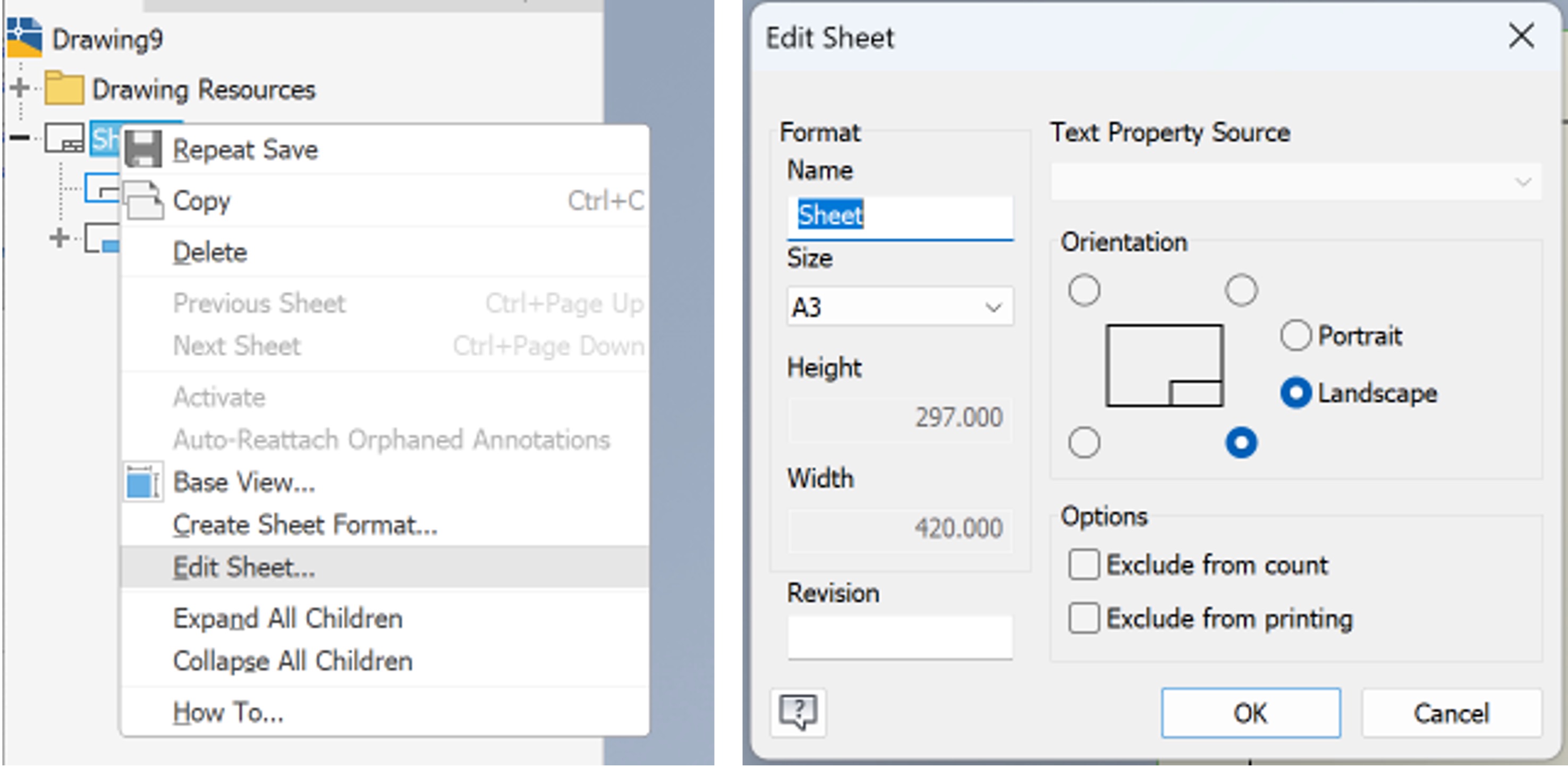 Editing the sheet size and orientation.