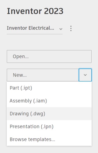 View of the drop-down menu to create a new drawing.