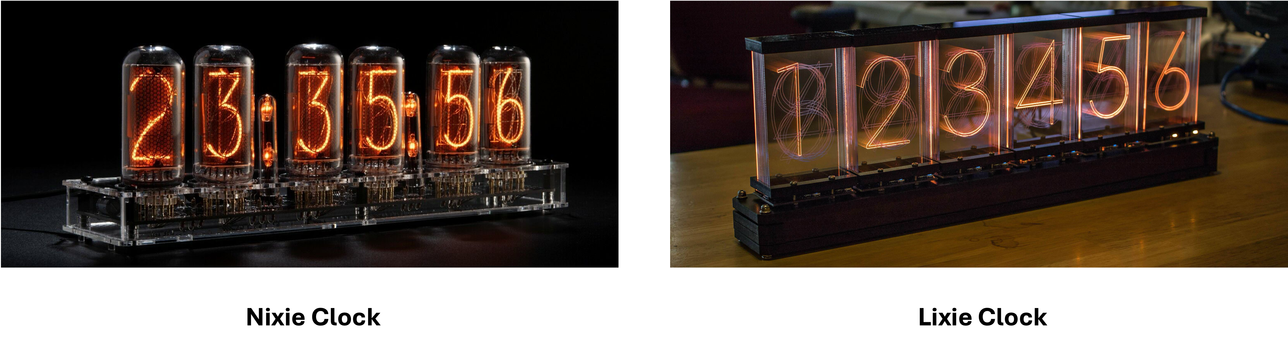 Examples of Nixie (Left) and Lixie (Right) displays. [1, 2]