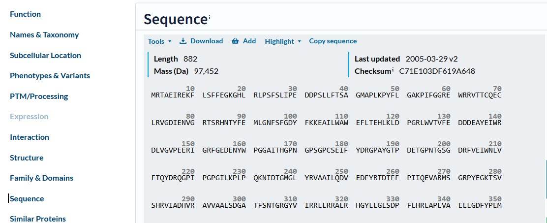 uniprot sequence page