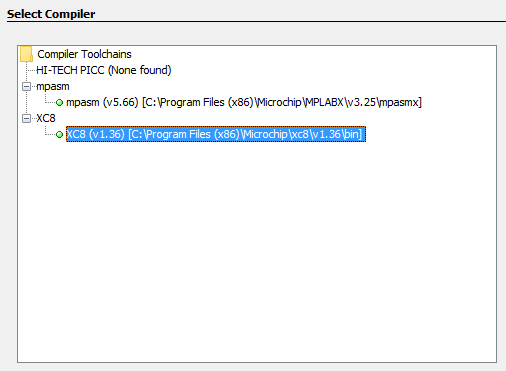 Selecting the XC8 compiler for the new
project.