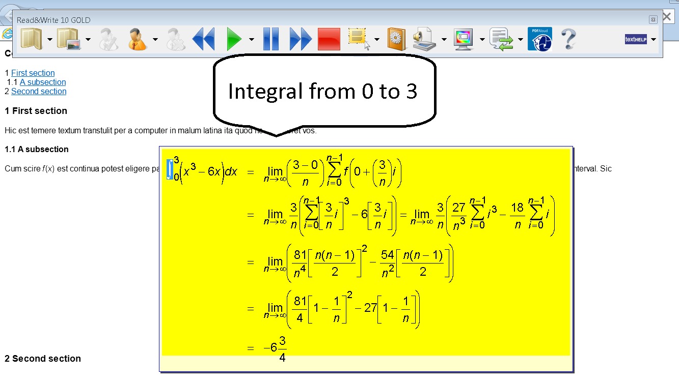 Image of a web page containing equations, the equations are highlighted in yellow with an integral symbol with limits 0 and 3 highlighted in blue. An image of a speech bubble has been added, it contains the text ``Integral from 0 to 3''.