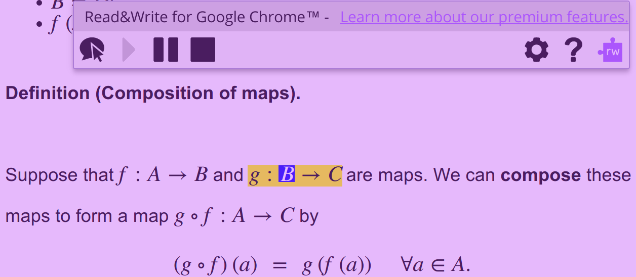 Web format notes with purple background, clear print, wide line spacing with maths being read aloud with simultaneous colour highlighting