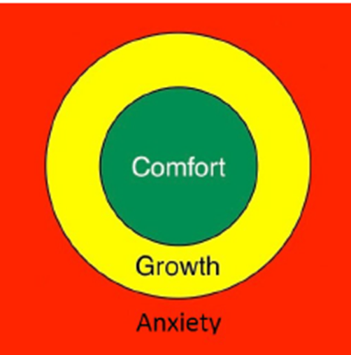 Three concentric circles. Inner circle coloured green and labelled comfort; middle circle coloured yellow and labelled growth; outer circle coloured red and labelled anxiety.