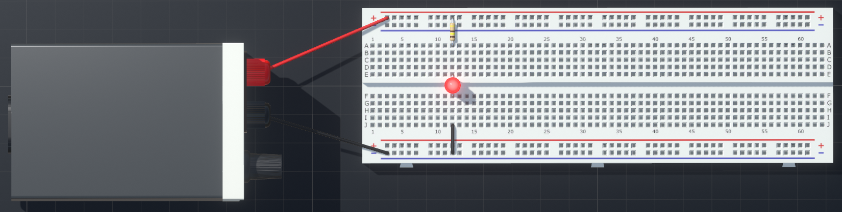 The resistor, LED and power supply are all in series, using the Breadboards internal connections to form the circuit.