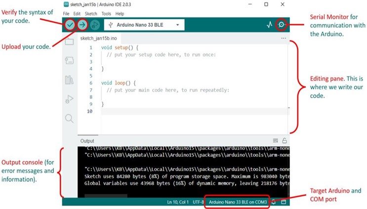 The newer Arduino IDE (v. 2.x) showing an empty sketch. Most of the controls are still found along the top bar while the output and errors will be displayed in the lower box.