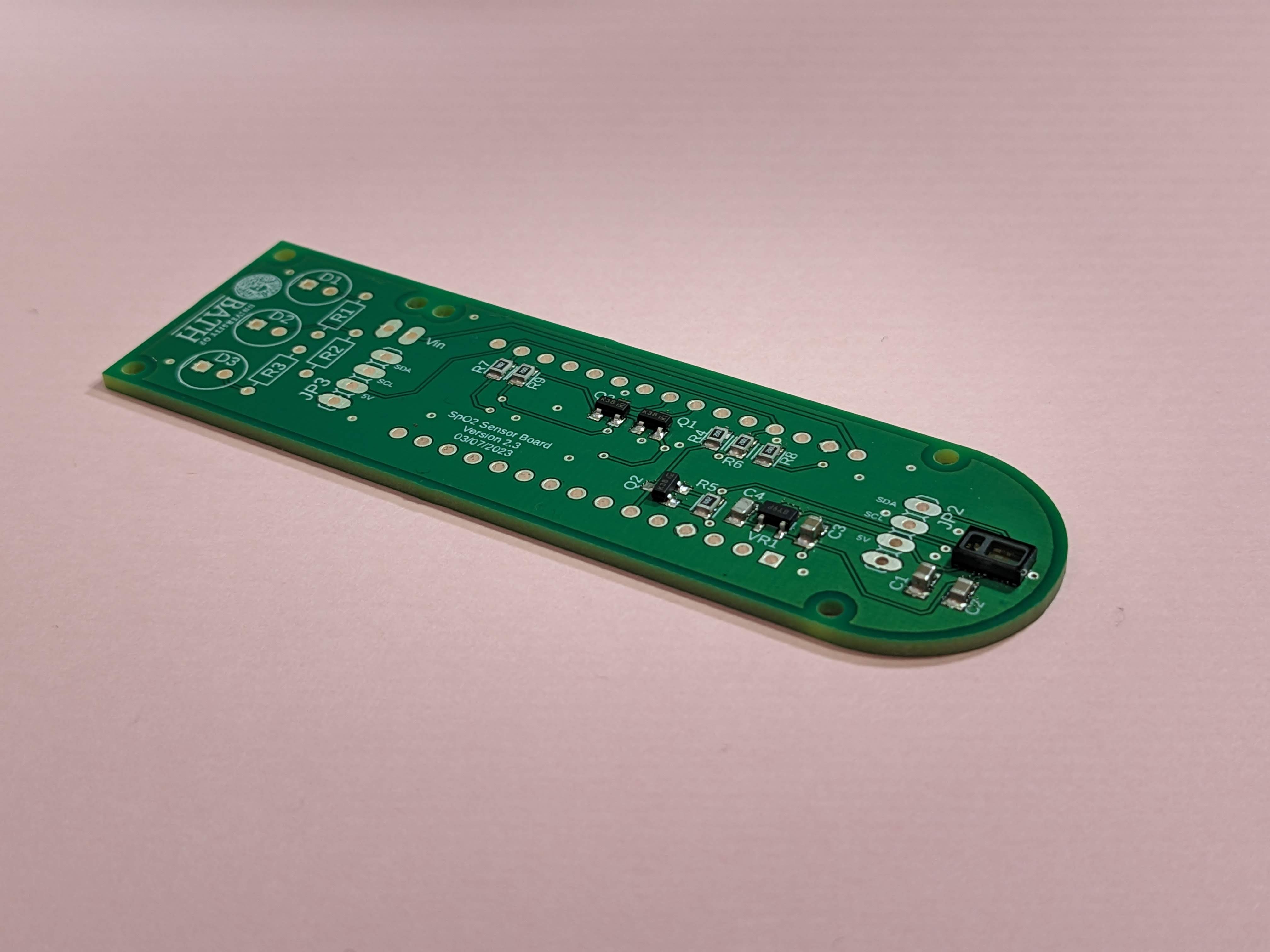 The PCB for the Pulse Oximeter before the through-hole components have been added.