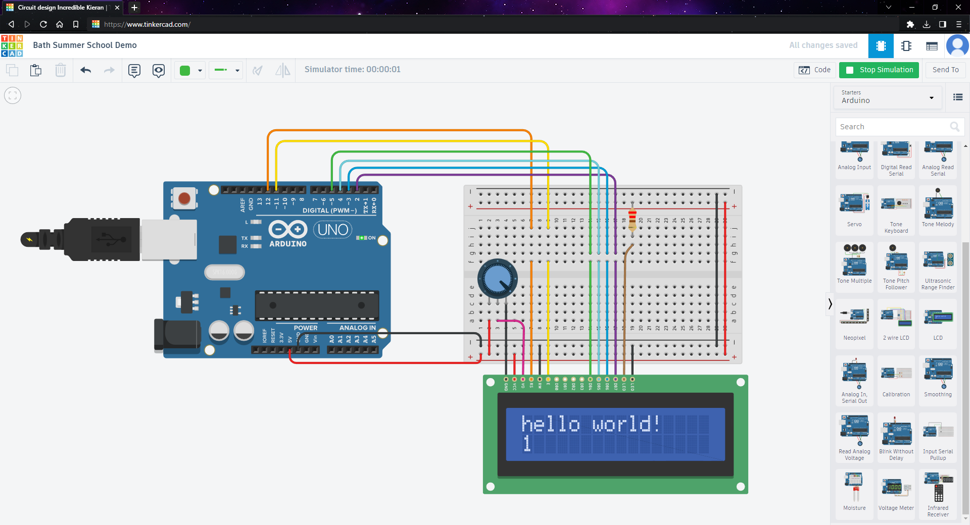 A demo simulation in Tinkercad. Tinkercad provides a visually friendly interface for designing and simulating circuits. The circuit schematic may be viewed using the chip icon in the top right, while the Arduino code can be edited by switching to the code view using the button to the left of the simulation controls.