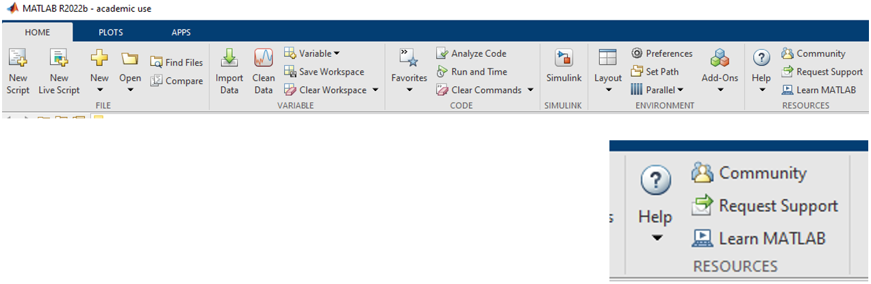 Home/Resources Menu in the MATLAB Toolbar.