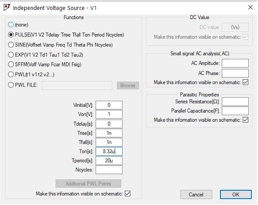 Voltage source advanced parameters window.