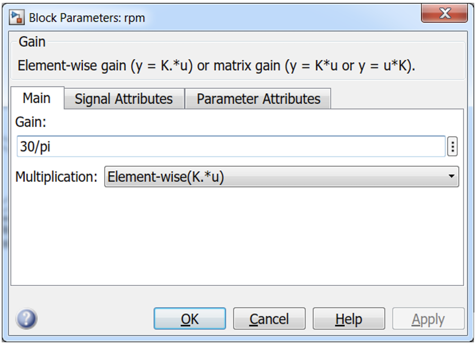 Converting rad/s to RPM using Gain block.