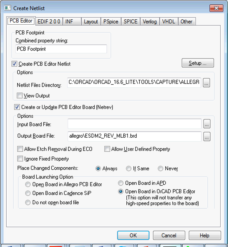 Netlist Settings Window.