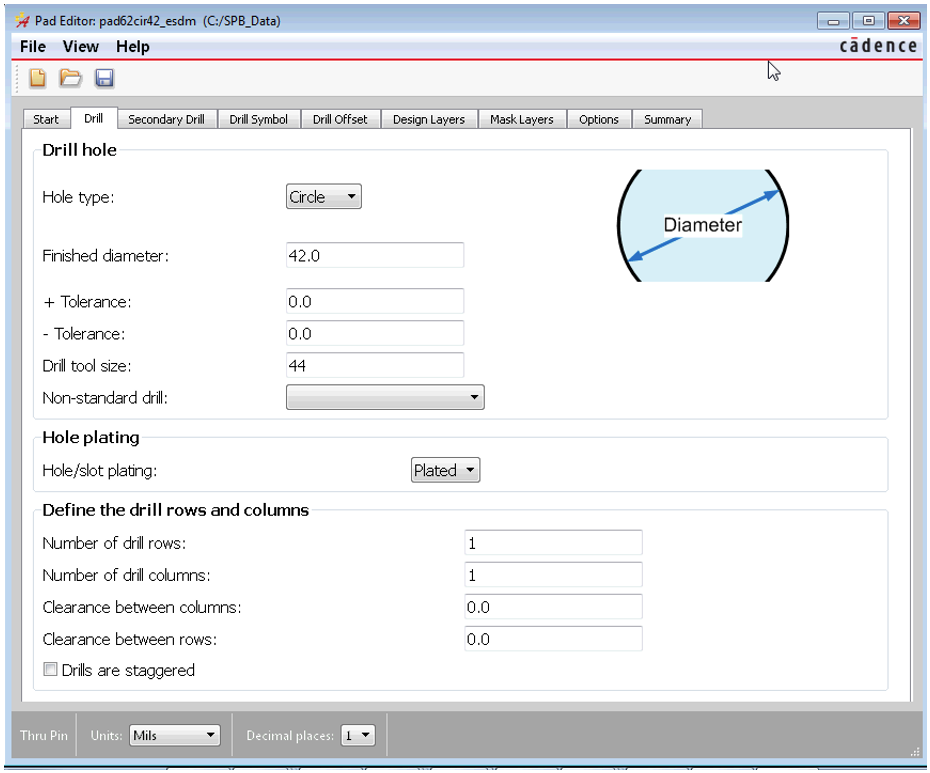 Drill Setting Menu in Padstack Editor.