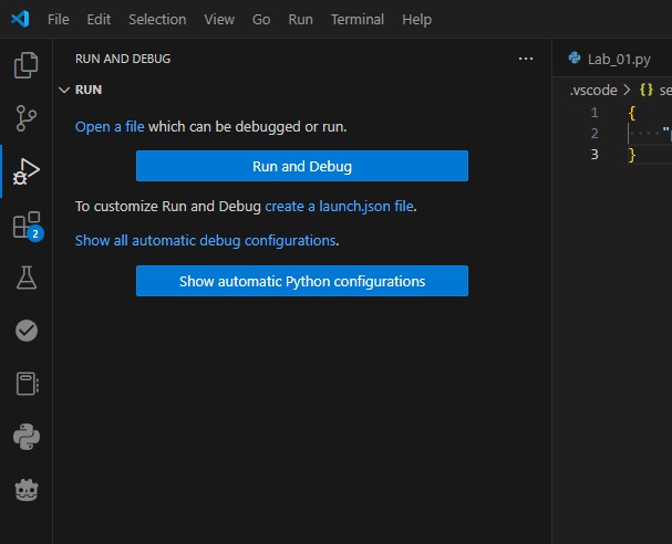 The Debug pannel lets us configure the debug settings before allowing testing and validation of code through debugging.