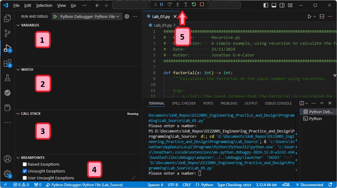 There are several debug tools made available while debugging python, identified as 1-5 in this image.