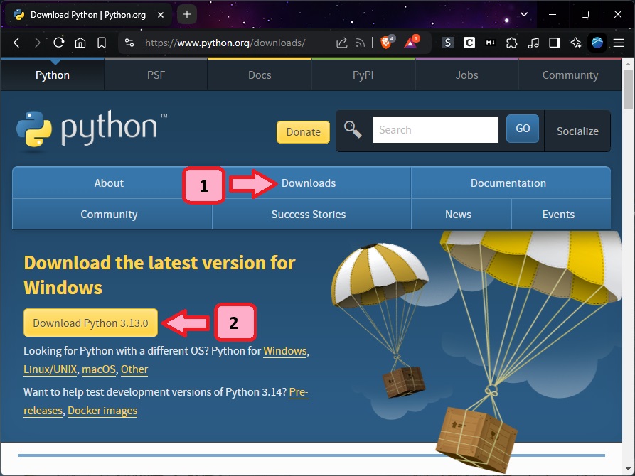 The Python installer may be downloaded (2) from the official Python website using their downloads section (1).