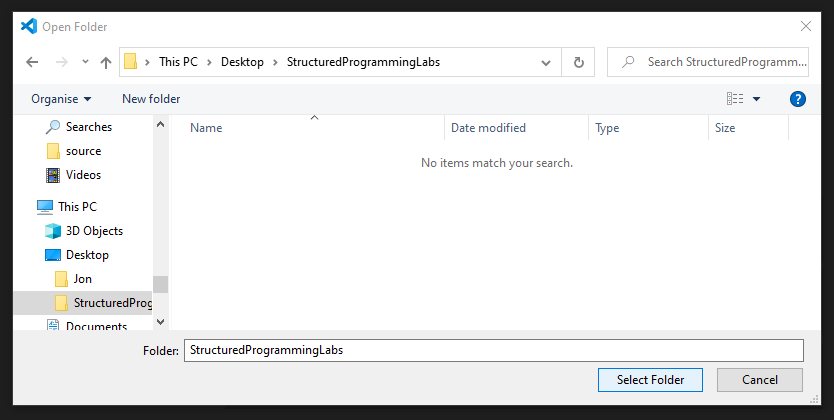 The VS Code file browser is used to select the project folder.