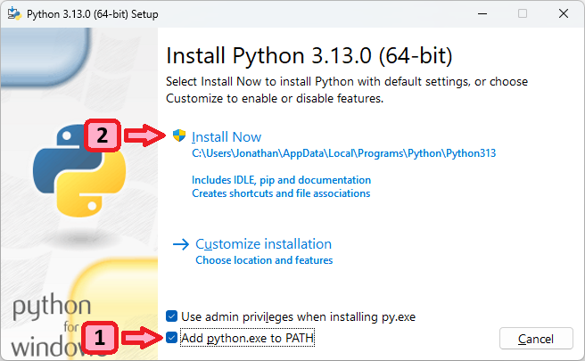 A screenshot of the Python installer, highlighting the 'Add to PATH' option that must be checked before installing.