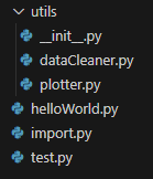 An example project structure that has a local 'utils' package, with the required '__init__.py' file to register the 'utils' folder as a package. Code in both 'dataCleaner.py' and 'plotter.py' may be imported into code files in the base folder (such as 'test.py').