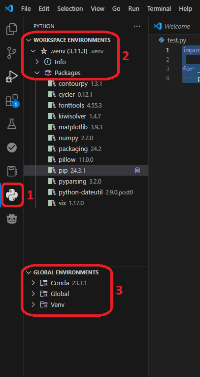 The Python Environment Manager extension adds an additional tab on the left hand panel of VS Code (#1). When opened, this reveals the local workspace environment window (#2), where environments unique to the current project are shown; and the global environments window (#3), where all installed versions of python are shown.