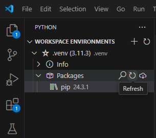 The list of packages shown in the virtual environment window will need refreshing using the refresh button.
