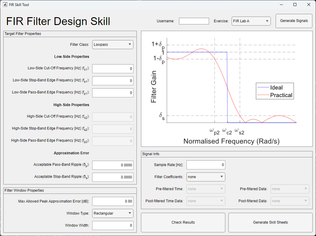 The FIR Filter Design Skill tool may be used to generate signals, verify answers, and generate skill sheets used to claim the skill on Mahara.