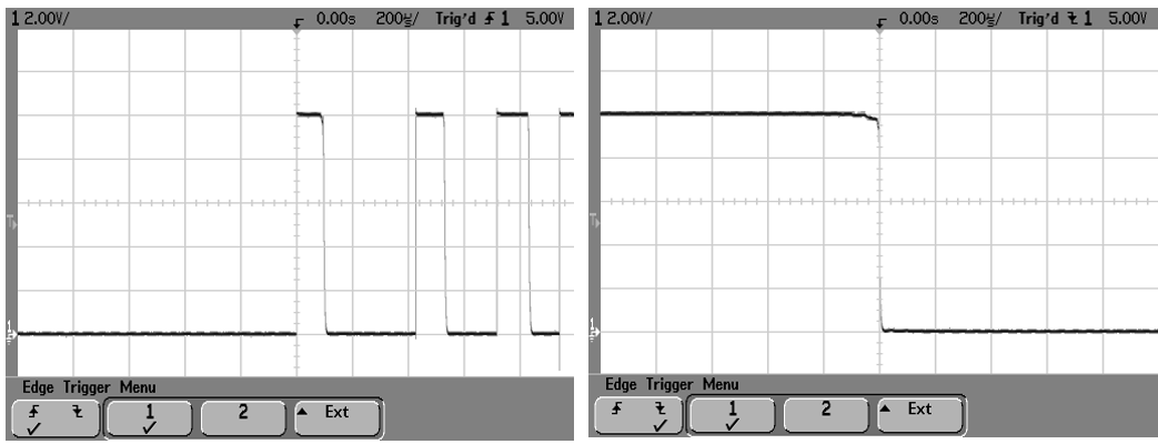 Switch contact-bounce transients for switch on (left) and off (right) with a suppressor capacitor fitted.