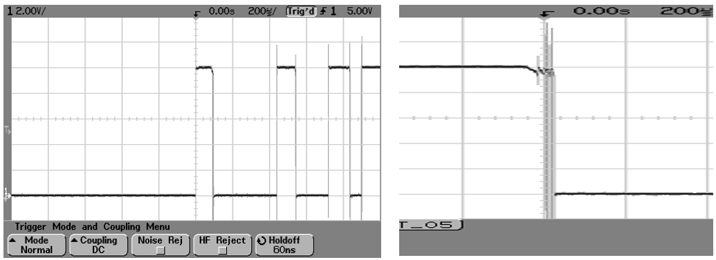 Switch contact-bounce transients during switch on (left) and switch off (right).