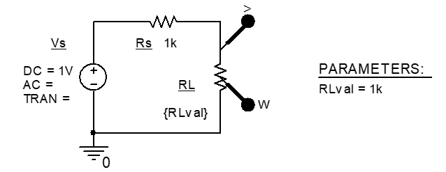 Circuit to confirm maximum power theorem with RLval defined as a parameter and a default value set.