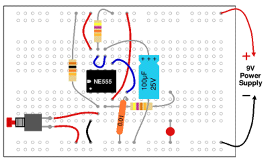 Example circuit on a breadboard. Note that the IC is mounted over the central channel of the breadboard.