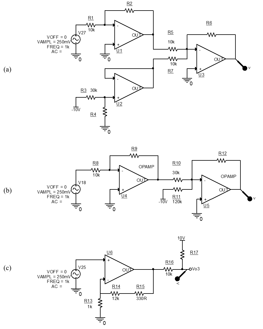 Three interface circuit designs with reducing op-amp number. Omitted resistor values must be calculated.Inverting and non-inverting amplifier configurations