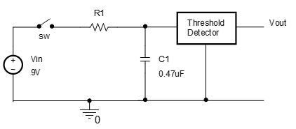 RC circuit with a threshold detector creates a $\tau$ delay before $V_{\text{out}}$ switches from 0 to a higher voltage.