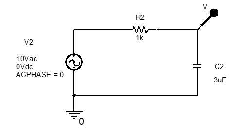 RC circuit to be used for an AC Sweep simulation to produce a frequency response graph.