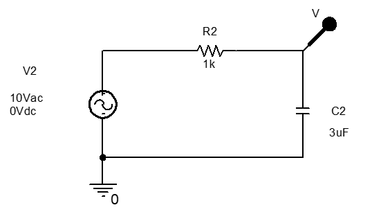 RC-circuit to be used for an AC Sweep simulation to produce a frequency response graph.