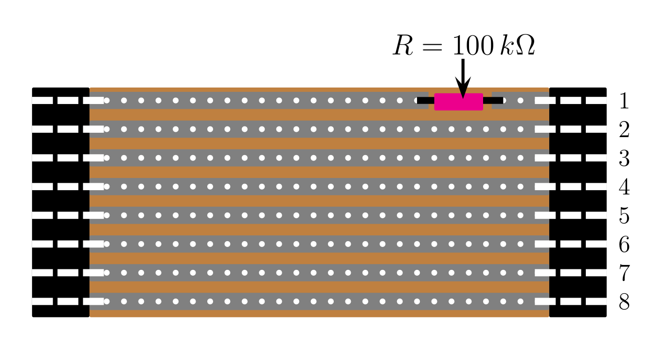 Eight parallel straight conductor tracks are shown on a board. The upper track has a $100\,k\Omega$ resistor soldered across a gap in the track. Each track has wires connected to each end.