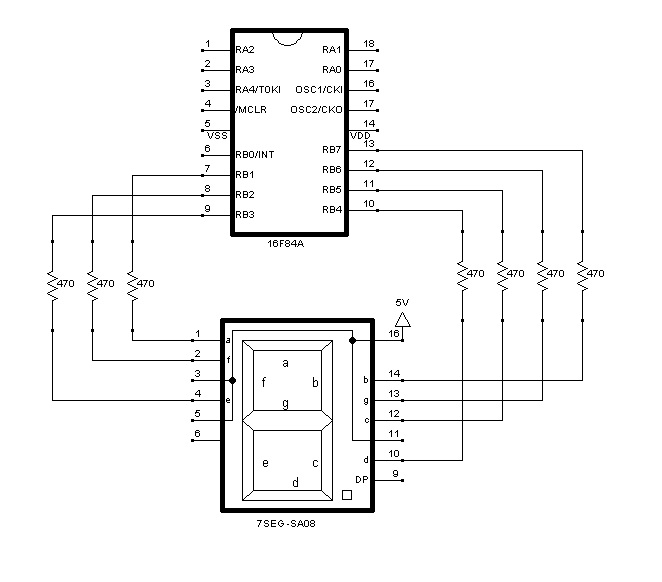 Connecting the Kingbright SA08-11EWA 7-segment display to RB1-7 of the PIC16F84A