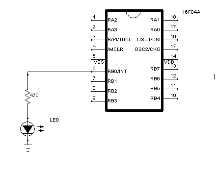 Connections for driving a LED from RB0