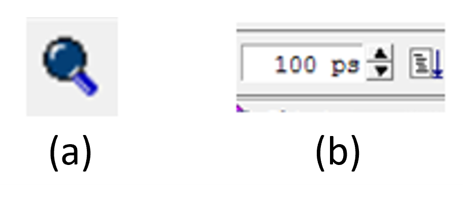 Useful buttons: (a) View the whole simulation in the wave window, (b) Run the simulation forward by the specified time. Note that 100 ps is very short and 100 ns is more useful.