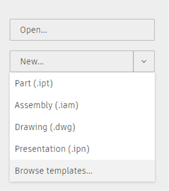 View of the drop-down menu to create a new part, assembly or drawing.