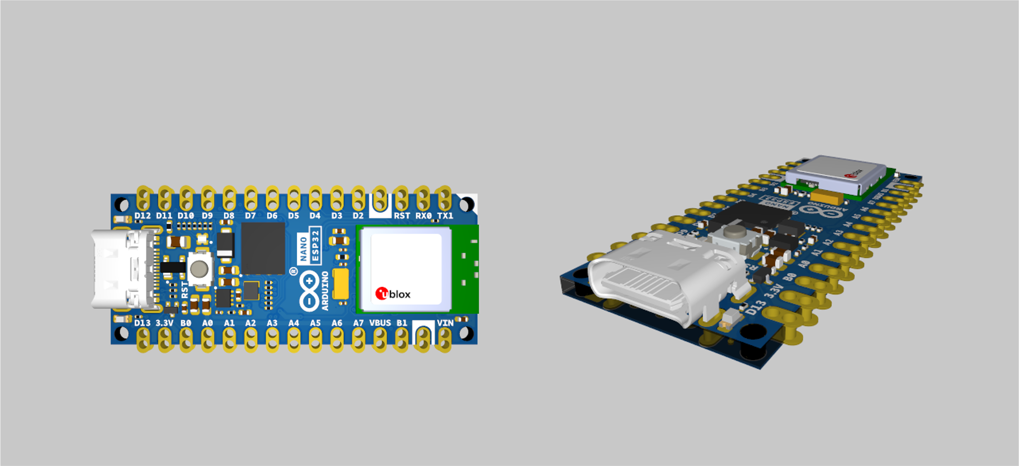Arduino Nano ESP32 top and 3D view.