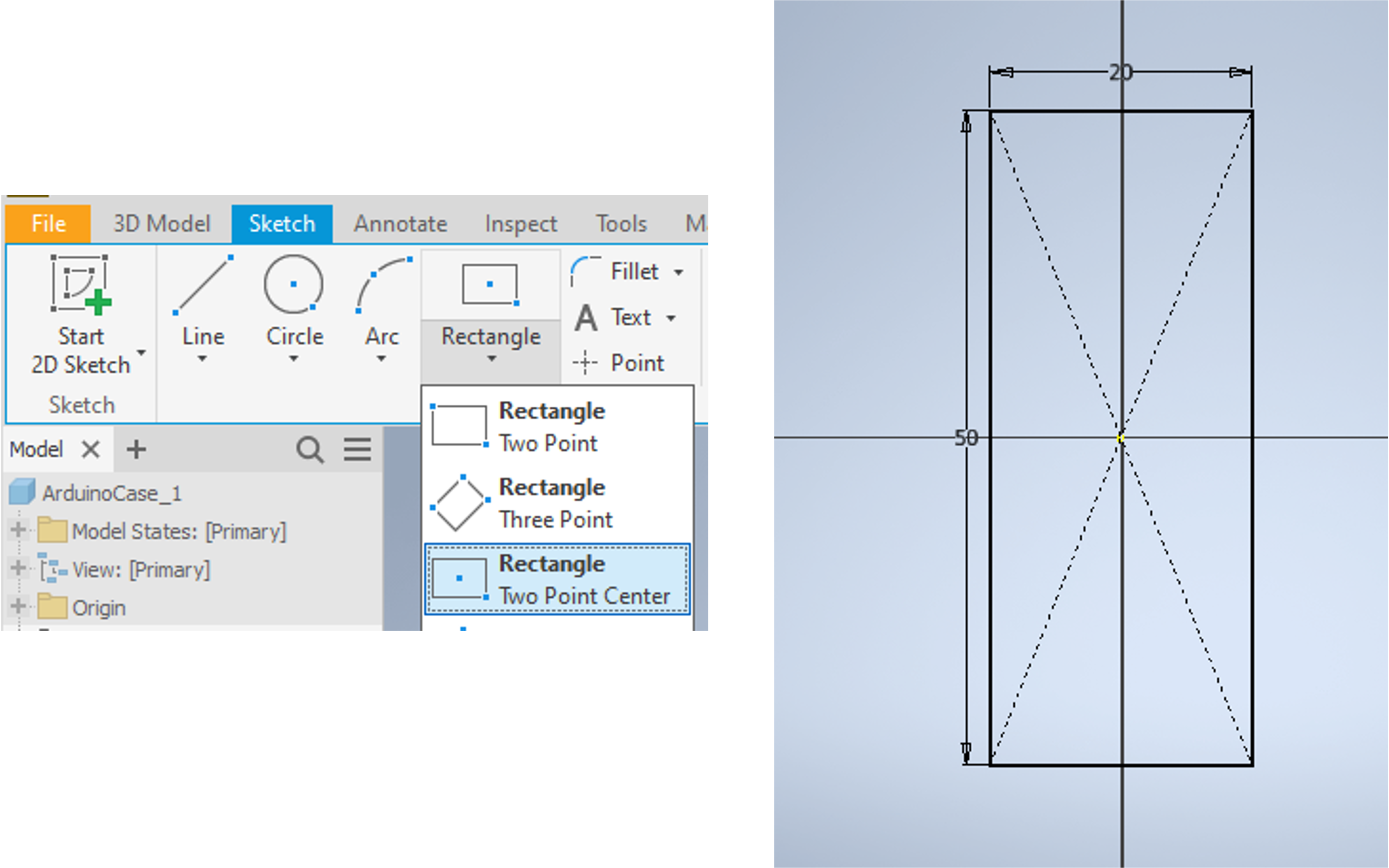 Creating a sketch of a rectangle with sides of 50mm and 20mm.