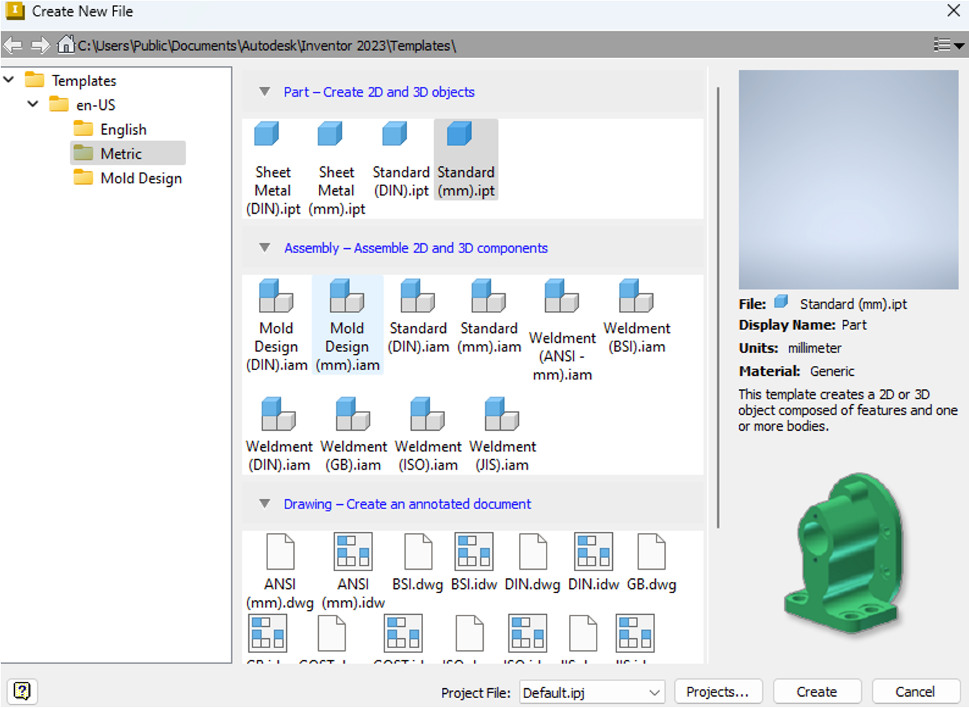 View of window to select the desired template for the new file. In this case, it is a Standard (mm) part.