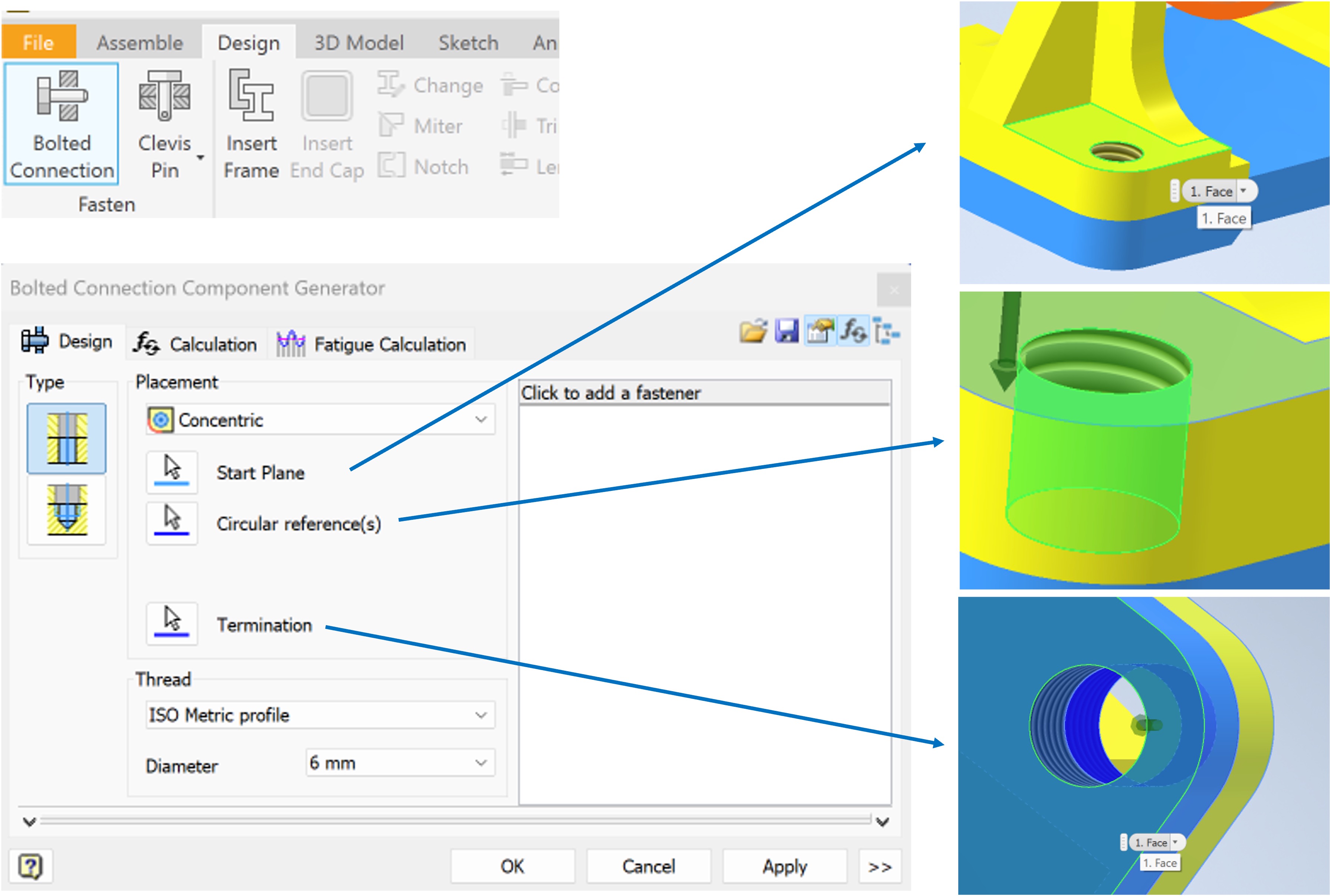 Adding a bolted connection: Defining the start plane, circular reference, and termination plane.