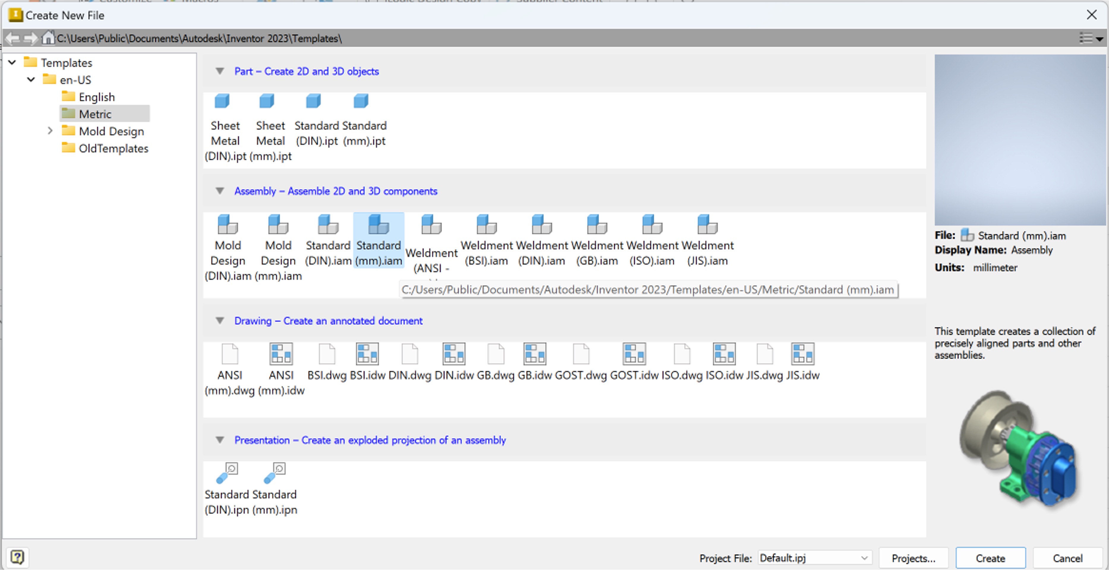 View of window to select the desired template for the new file. In this case, it is a Standard (mm).iam.