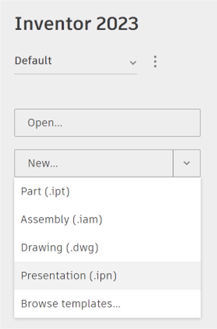 View of the drop-down menu to create a new presentation.