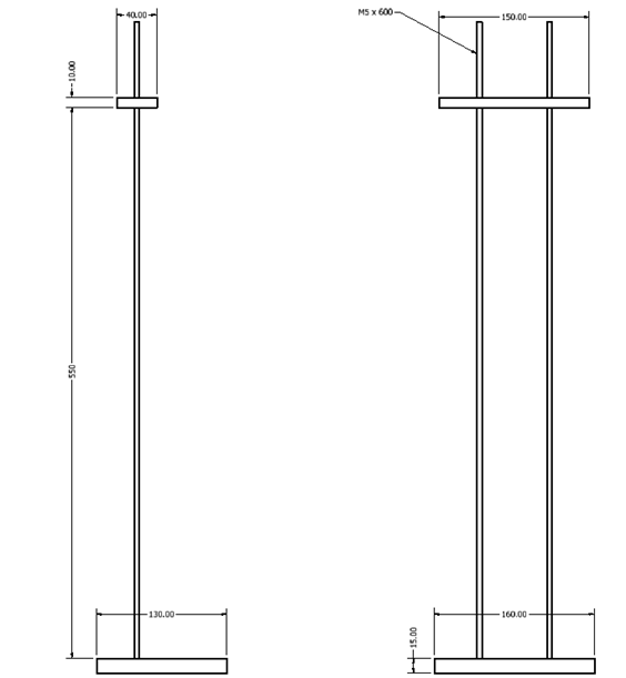 Experimental test rig and dimensions.