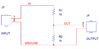 Schematic of the Connectors CON2 Named INPUT and OUTPUT, and Net Aliases Named IN, GROUND and OUT.