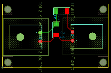 Routing and Linewidth Configurations. IN Net in Green and the GROUND and OUT Nets in Red.