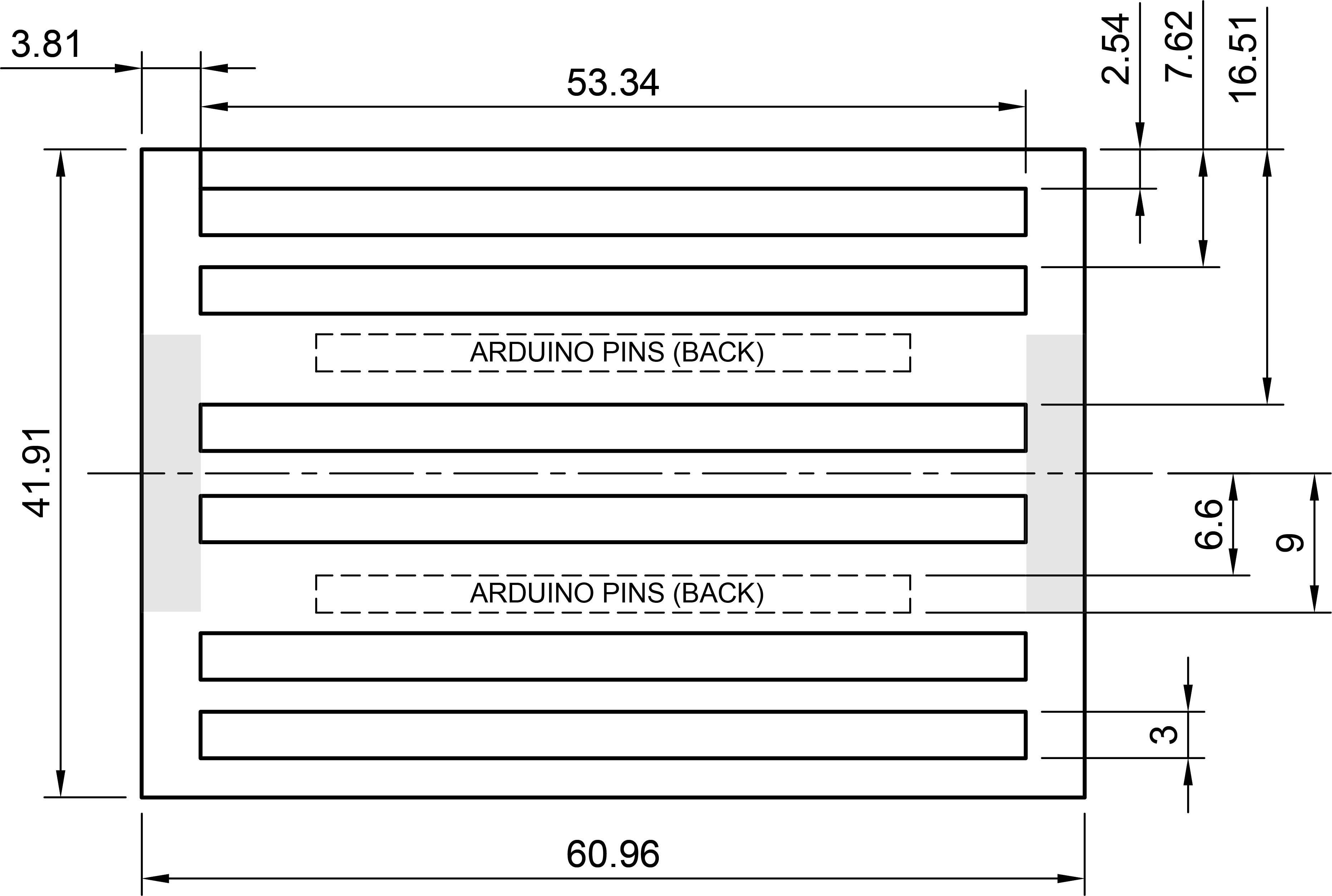 PCB dimensions, showing the keep-clear region in shaded grey, and the acrylic sheet positions.